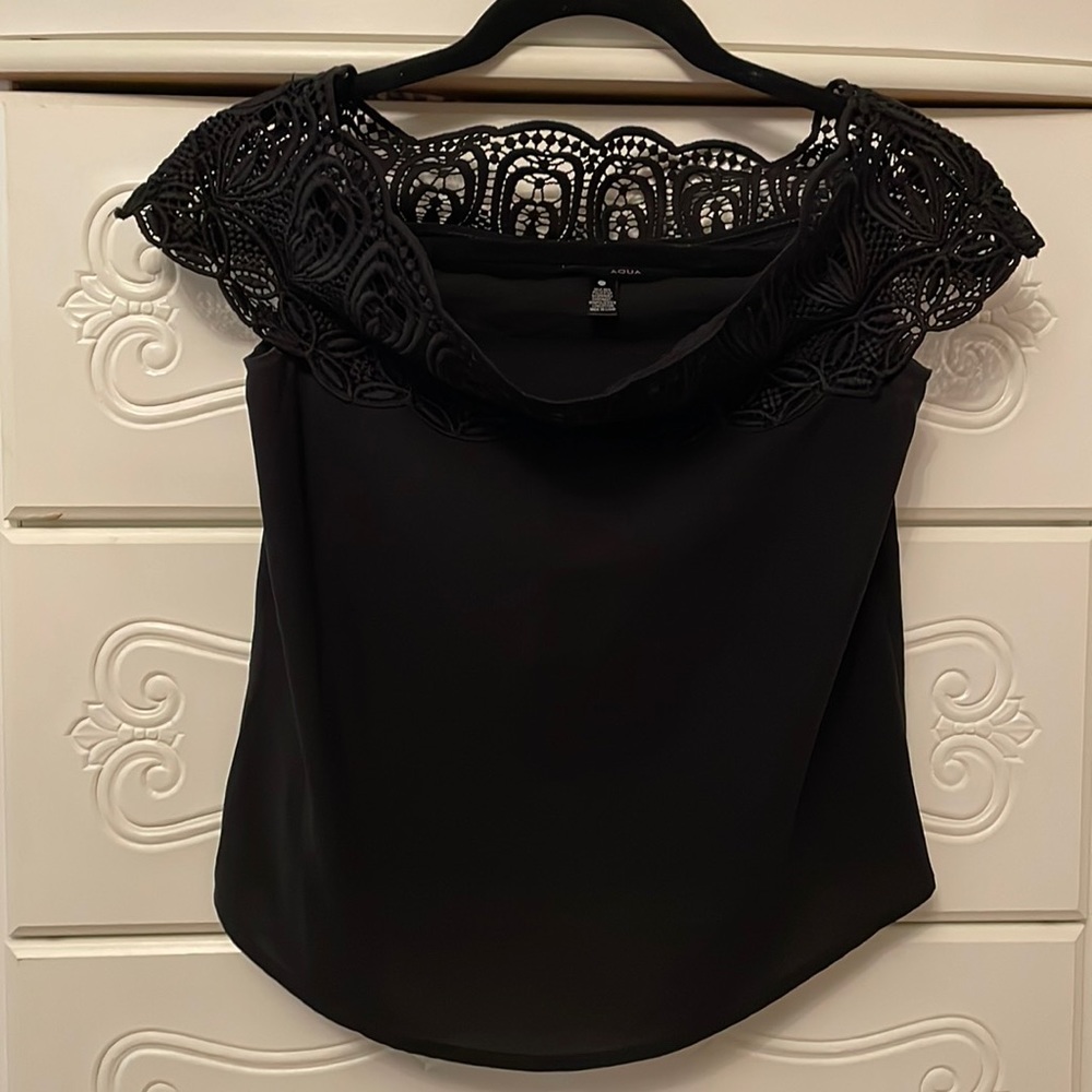 Off the shoulder flowy silk blouse with lace detailing